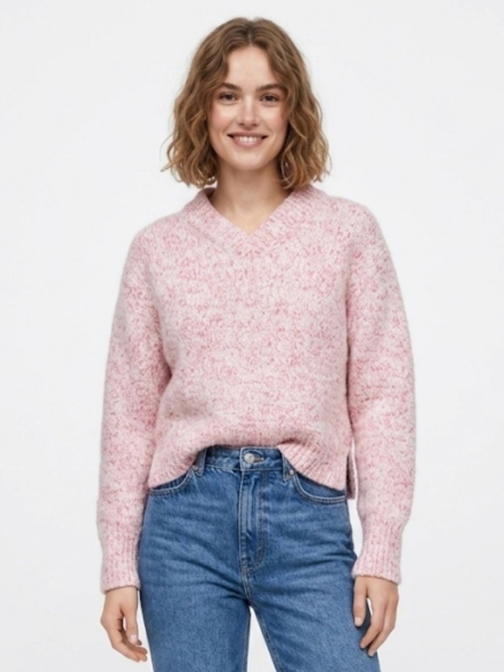 ZARA Wool Blend Marled Knit V-Neck Sweater - Pink & White - Size Medium